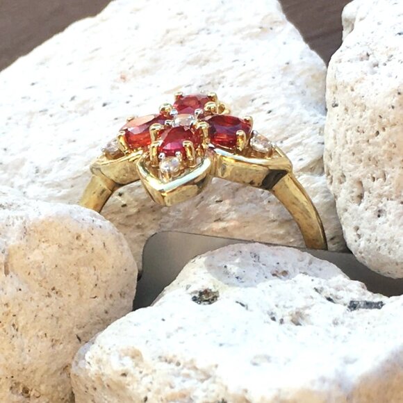 Tanzanian Ruby & White Zircon 9K Yellow Gold Ring Genuine Gemstones July - Picture 5 of 14